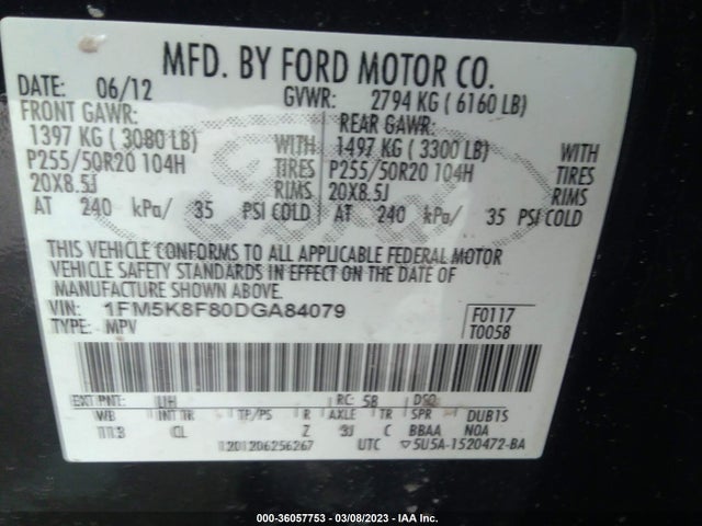 2013 FORD EXPLORER LIMITED VIN: 1FM5K8F80DGA84079