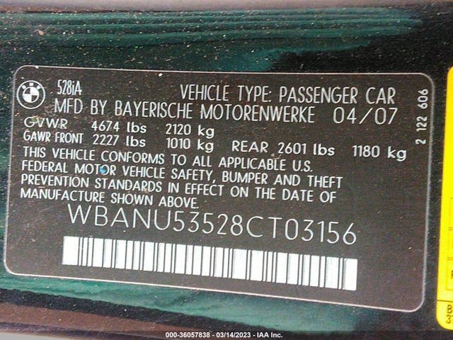 2008 BMW 5 SERIES 528I VIN: WBANU53528CT03156