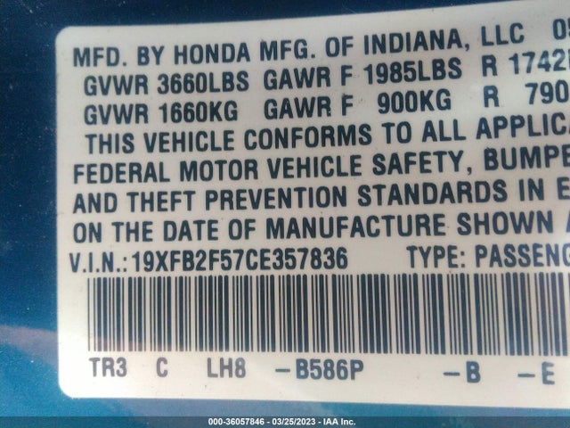 2012 HONDA CIVIC LX VIN: 19XFB2F57CE357836