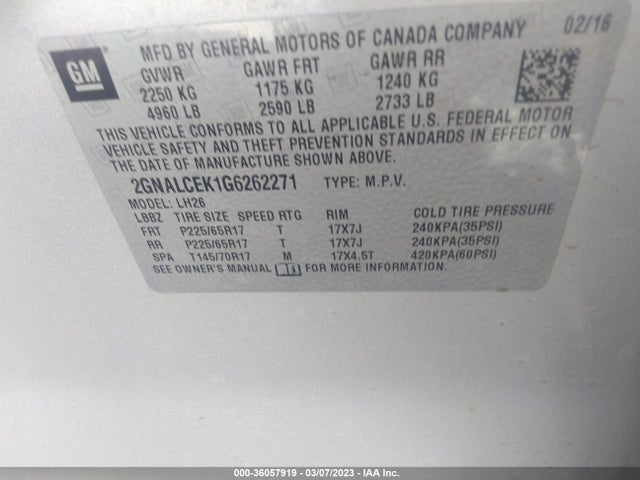 Chevrolet EQUINOX LT 2016 2GNALCEK1G6262271 Image 10