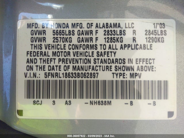 2003 HONDA ODYSSEY EX VIN: 5FNRL18633B062897