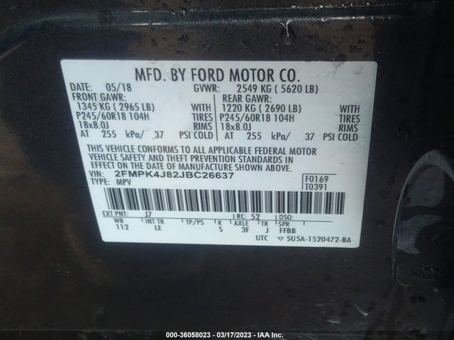 2018 FORD EDGE SEL VIN: 2FMPK4J82JBC26637