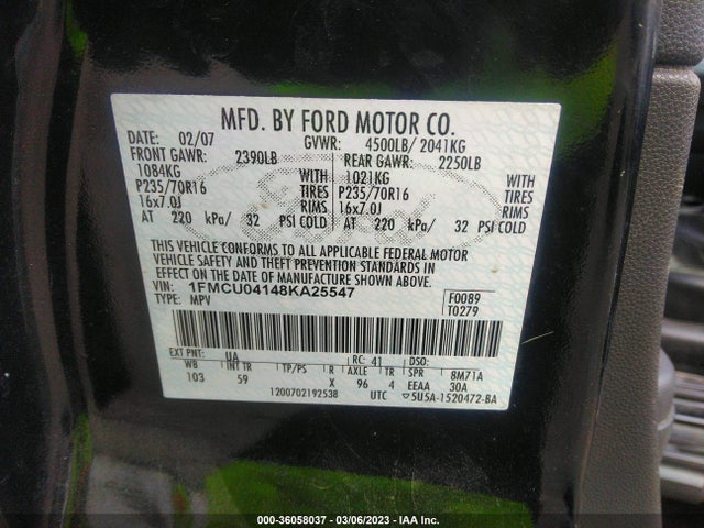 2008 FORD ESCAPE LIMITED VIN: 1FMCU04148KA25547