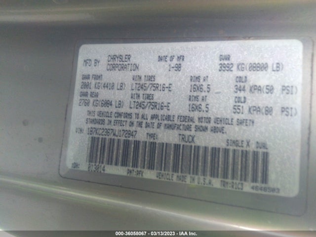 Dodge RAM 2500 1998 1B7KC2367WJ172847 Image 10