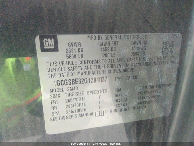 2016 CHEVROLET COLORADO 2WD WT VIN: 1GCGSBE32G1201037
