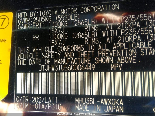 36058158 :رقم المزاد ، JTJHW31U560006449 vin ، 2006 Lexus Rx 400h مزاد بيع