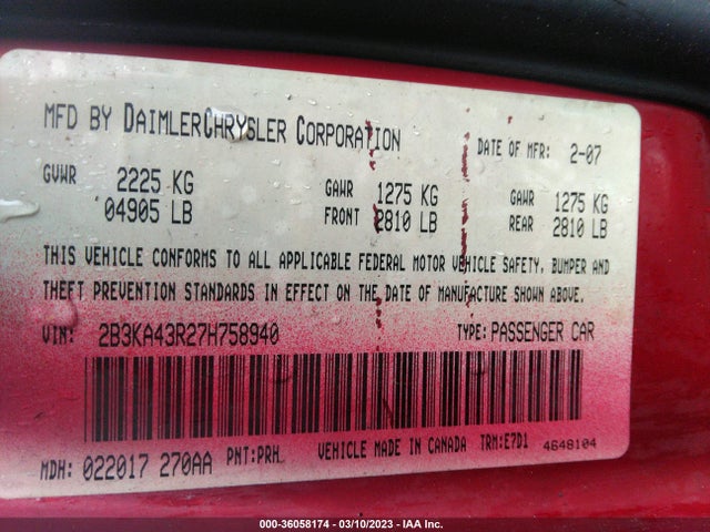 2007 DODGE CHARGER VIN: 2B3KA43R27H758940