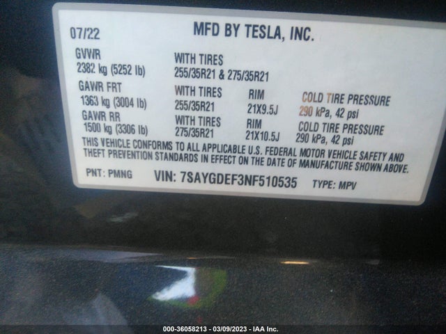 2022 TESLA MODEL Y PERFORMANCE VIN: 7SAYGDEF3NF510535