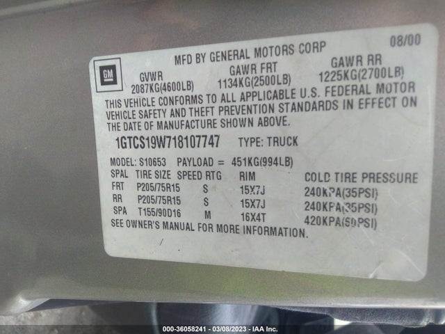 GMC Sonoma Sls 2001 1GTCS19W718107747 Image 10