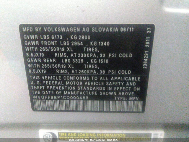 WVGFF9BP1CD000489 Volkswagen Touareg Lux