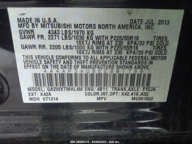 4A4AP3AU8EE001788 Mitsubishi Outlander Sport Es