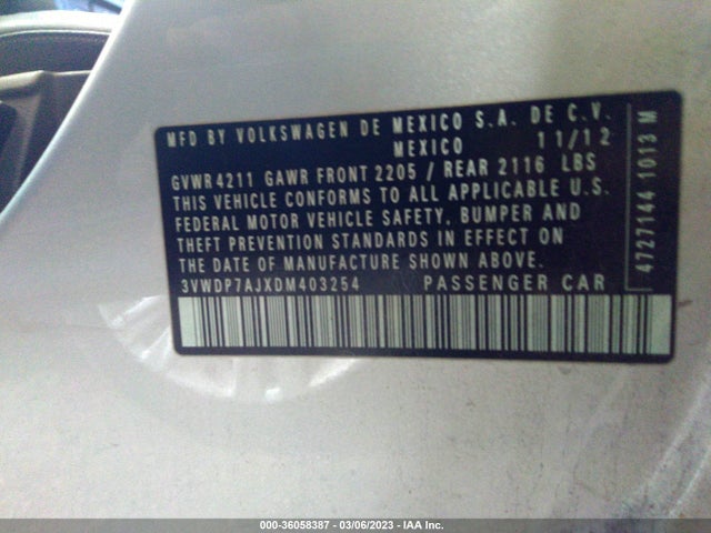 2013 VOLKSWAGEN JETTA SEDAN SE VIN: 3VWDP7AJXDM403254
