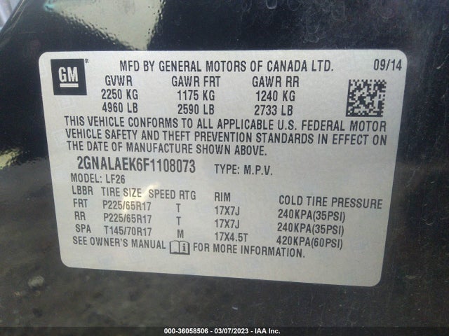 2015 CHEVROLET EQUINOX LS VIN: 2GNALAEK6F1108073