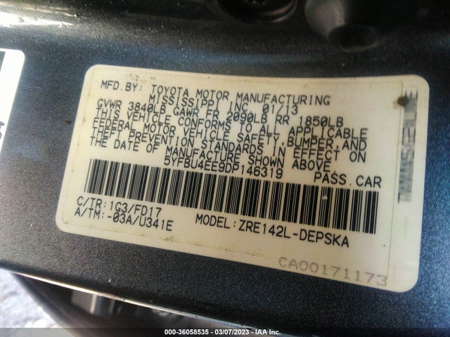 2013 TOYOTA COROLLA L/LE/S VIN: 5YFBU4EE9DP146319