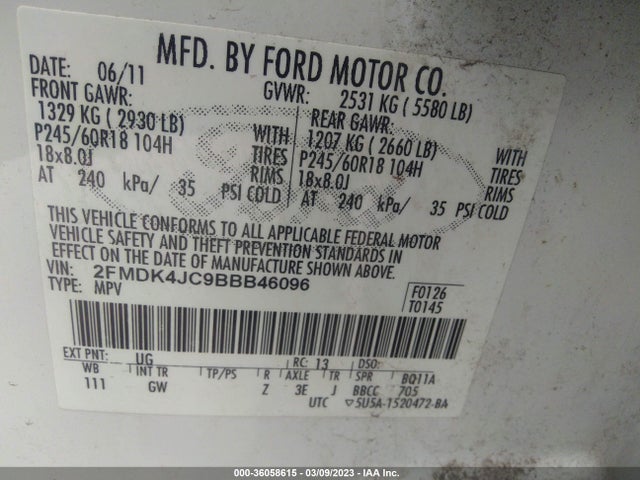 2011 FORD EDGE SEL VIN: 2FMDK4JC9BBB46096