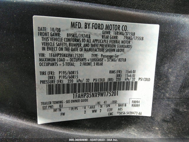 2008 FORD FOCUS S VIN: 1FAHP34N48W196707