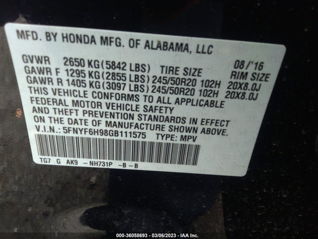 Honda Pilot Touring 2016 5FNYF6H98GB111575 Image 10