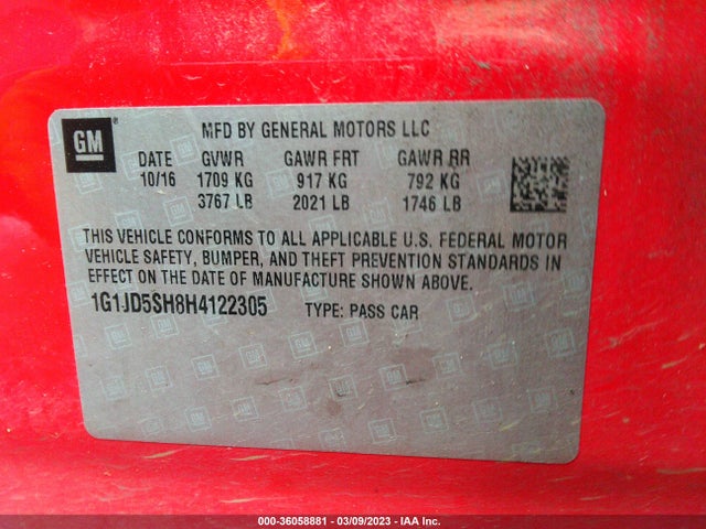 Chevrolet SONIC LT 2017 1G1JD5SH8H4122305 Image 9