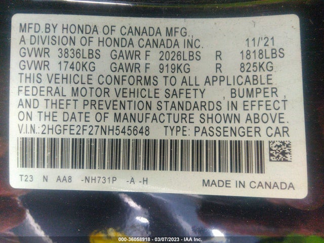 2022 HONDA CIVIC SEDAN LX VIN: 2HGFE2F27NH545648