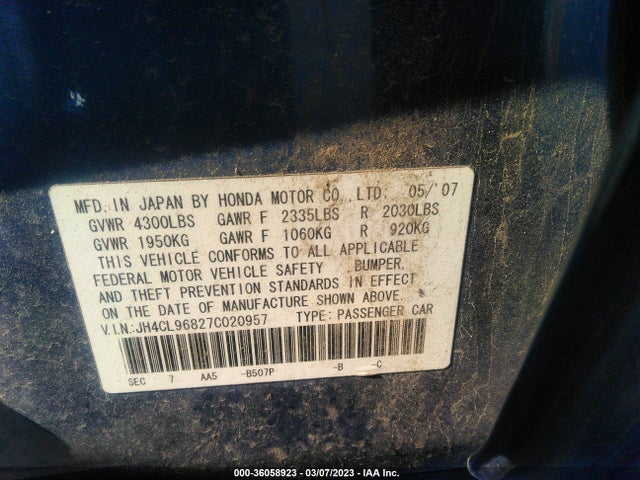 2007 ACURA TSX VIN: JH4CL96827C020957