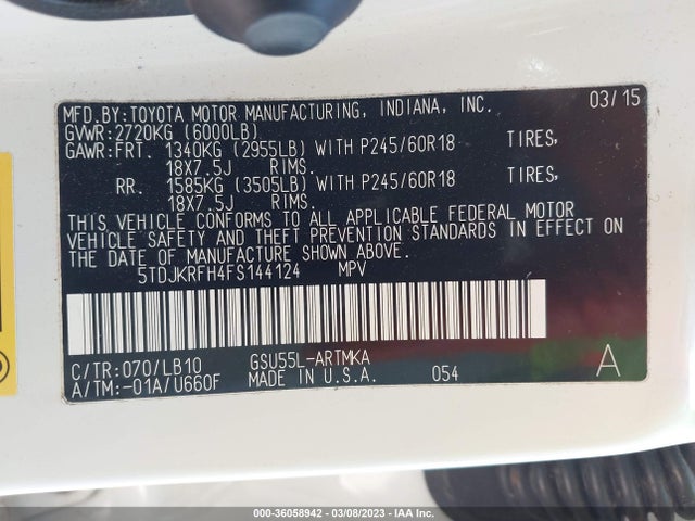Toyota Highlander Xle 2015 5TDJKRFH4FS144124 Image 11