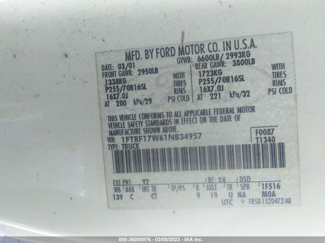 2001 FORD F-150 XL/XLT VIN: 1FTRF17W61NB34957