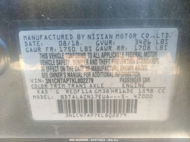 3N1CN7AP7KL802279 Nissan Versa Sedan S Plus