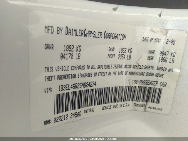 Dodge Stratus Sdn Sxt 2005 1B3EL46R25N624274 Image 11