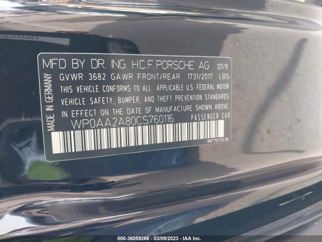 2012 PORSCHE CAYMAN VIN: WP0AA2A80CS760116