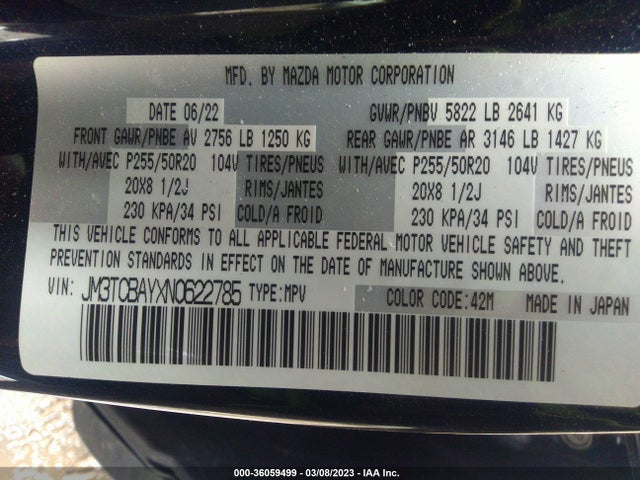 2022 Mazda CX-9, VIN: JM3TCBAYXN0622785