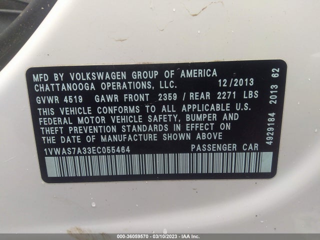 2014 VOLKSWAGEN PASSAT WOLFSBURG ED VIN: 1VWAS7A33EC055464