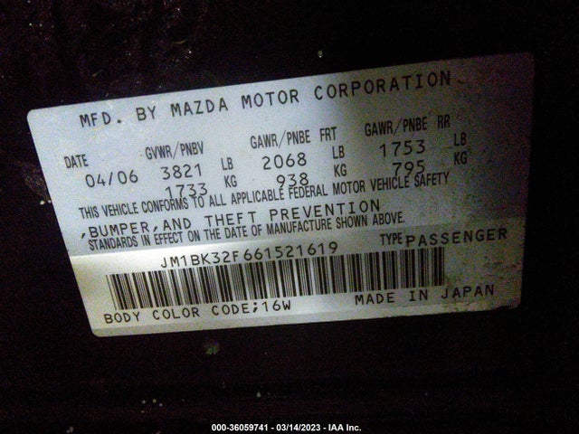 2006 MAZDA MAZDA3 I TOURING VIN: JM1BK32F661521619