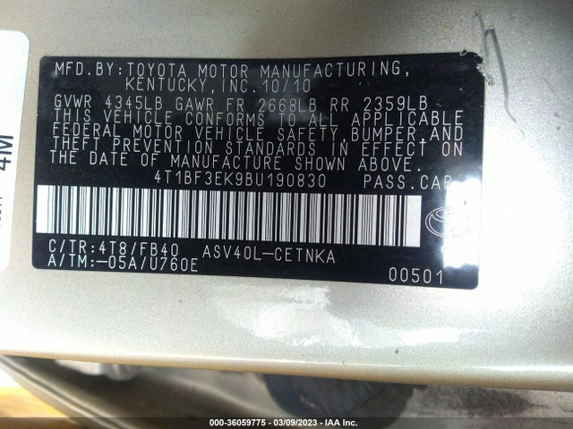 2011 TOYOTA CAMRY VIN: 4T1BF3EK9BU190830