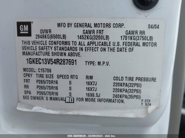 2004 GMC YUKON SLE VIN: 1GKEC13V54R287691