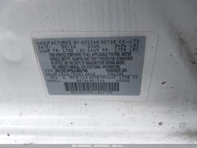 3N1CN7AP8JL865700 Nissan Versa Sedan Sv