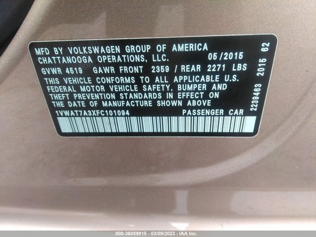 1VWAT7A3XFC101094 Volkswagen Passat 1.8t Wolfsburg Ed