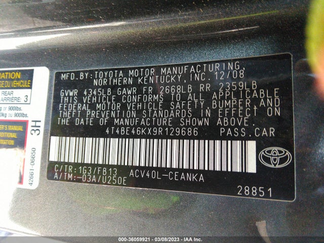 2009 TOYOTA CAMRY VIN: 4T4BE46KX9R129686