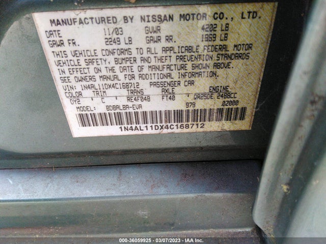 2004 NISSAN ALTIMA VIN: 1N4AL11DX4C168712