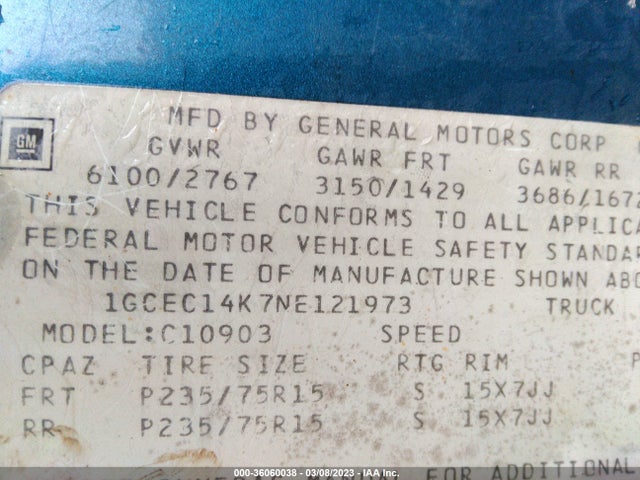 1992 CHEVROLET GMT-400 C1500 VIN: 1GCEC14K7NE121973