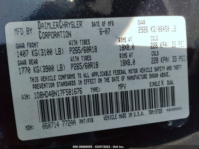Dodge Durango Slt 2007 1D8HD48N17F581676 Image 10