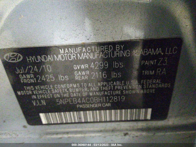 2011 HYUNDAI SONATA GLS PZEV VIN: 5NPEB4AC0BH112819