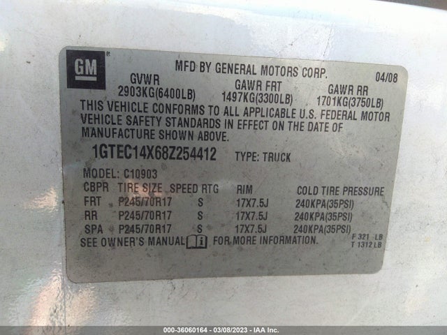 2008 GMC SIERRA 1500 WORK TRUCK VIN: 1GTEC14X68Z254412