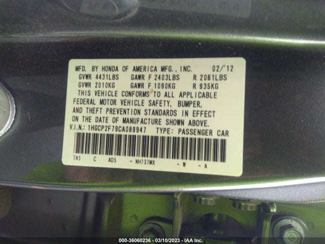2012 HONDA ACCORD SDN EX VIN: 1HGCP2F79CA089947