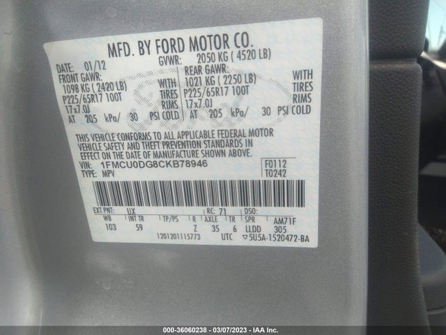2012 FORD ESCAPE XLT VIN: 1FMCU0DG8CKB78946
