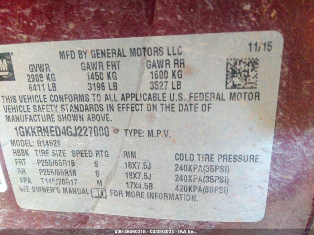 GMC ACADIA SLE 2016 1GKKRNED4GJ227000 Image 9