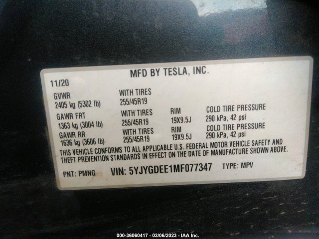 2021 TESLA MODEL Y LONG RANGE VIN: 5YJYGDEE1MF077347