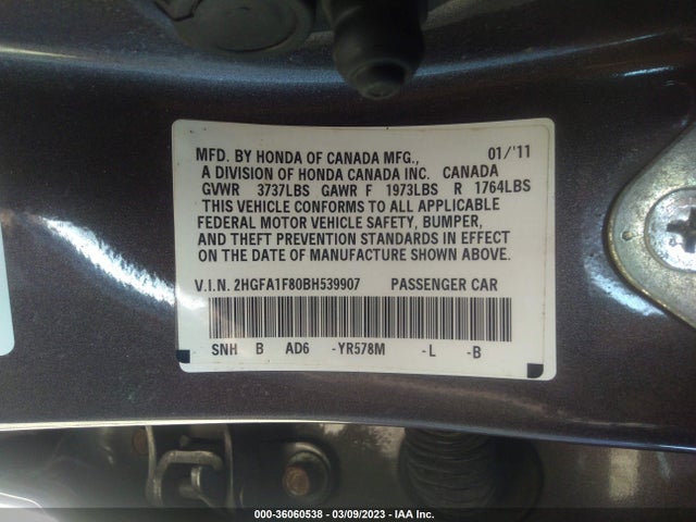 2011 HONDA CIVIC SDN EX VIN: 2HGFA1F80BH539907