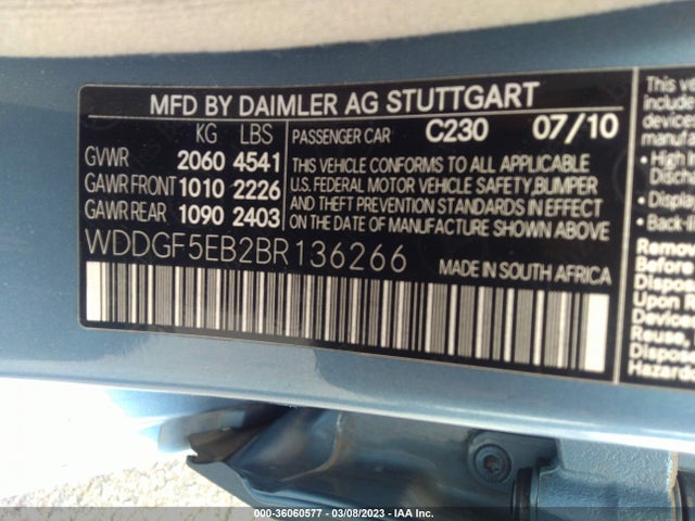 2011 MERCEDES-BENZ C-CLASS C 300 VIN: WDDGF5EB2BR136266