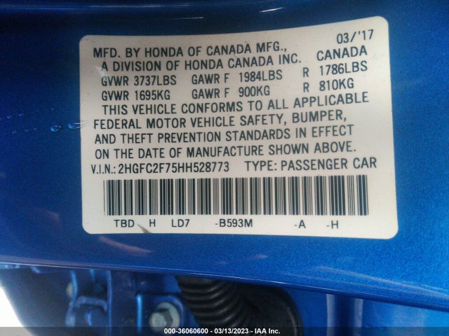 Honda CIVIC EX 2017 2HGFC2F75HH528773 Image 9
