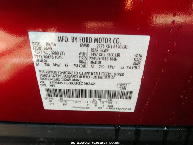 2016 FORD EXPLORER XLT VIN: 1FM5K7D8XGGC99342